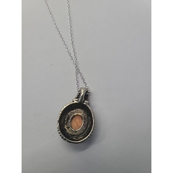 Vintage Silver Tone Orange Cats Eye Pendant Necklace Ornate Filigree Setting - Picture 12 of 12